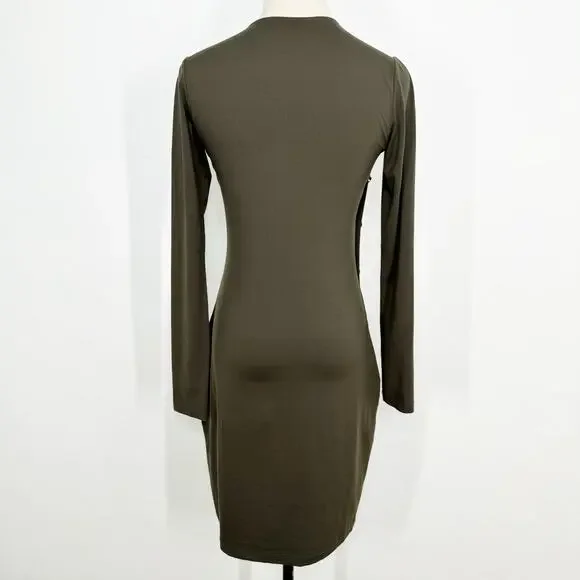 Susana Monaco Button Detail Dress Olive Green Long Sleeve Bodycon Office Size S - Picture 6 of 10